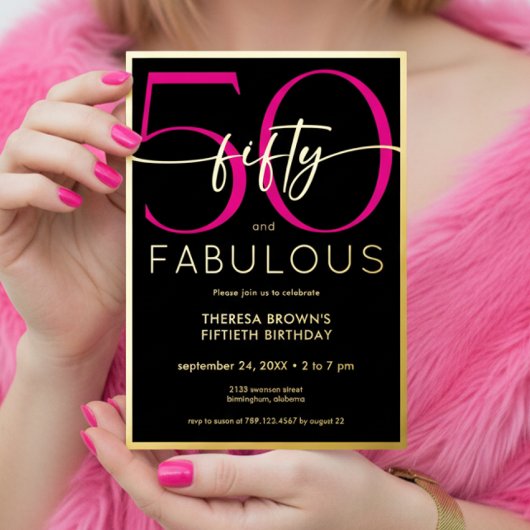 Modern Minimal Pink Fifty Fabulous Script Birthday Folie Uitnodiging