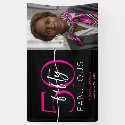 Modern Minimal Pink Fifty Fabulous Script Birthday Spandoek (Verticaal)