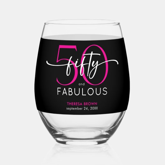 Modern Minimal Pink Fifty Fabulous Script Birthday Wijnglas Zonder Voet (Voorkant)