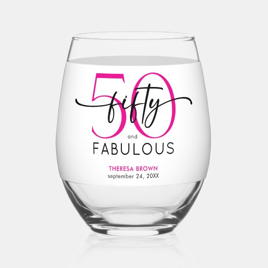 Modern Minimal Pink Fifty Fabulous Script Birthday Wijnglas Zonder Voet (Voorkant)