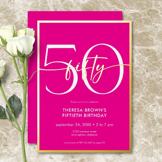 Modern Minimal Pink Fifty Script Verjaardag Folie Uitnodiging
