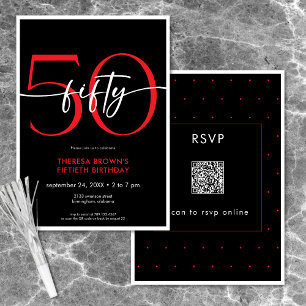 Modern Minimal Red Fifty Script Verjaardag QR Kaart