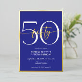 Modern Minimal Royal Blue 50 Script Verjaardag Folie Uitnodiging (Staand Voorkant)