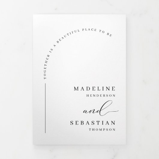 Modern Minimal Script Arch Photo QR Code Wedding Drieluik Uitnodiging (Cover)