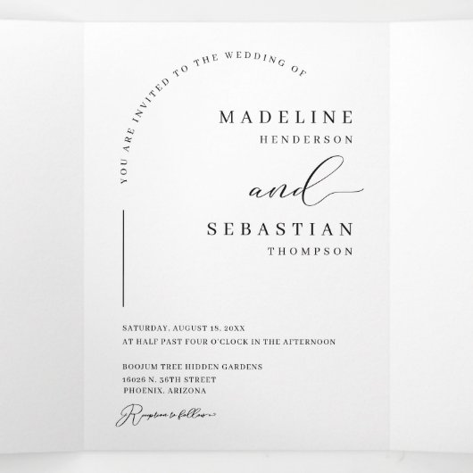 Modern Minimal Script Arch Photo QR Code Wedding Drieluik Uitnodiging (Binnenkant midden)