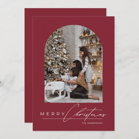 Modern Minimal Script Arch Photo Red Christmas Feestdagenkaart (Voorkant / Achterkant)