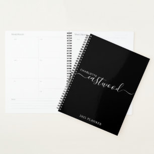 Modern Minimal Script Monogram Black Planner 2025