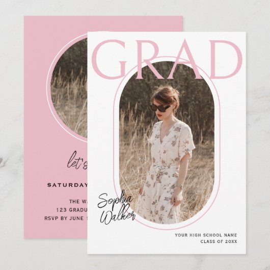 Modern Minimal Script Roze Foto Graduation Party Kaart (Voorkant / Achterkant)