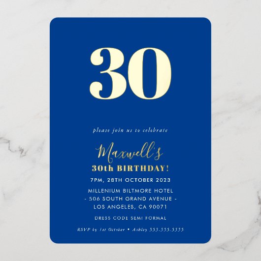 MODERN MINIMAL simpele 30ste verjaardag blauw Folie Uitnodiging (Voorkant)