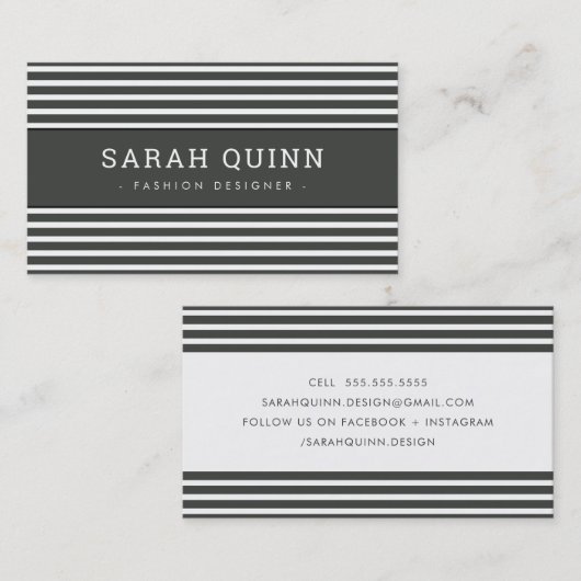 MODERN MINIMAL STRIPE donkere houtskool grijs wit Visitekaartje (Voorkant / Achterkant)