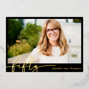 Modern Minimal Vijftig 50ste foto Verjaardagsfeest Folie Uitnodiging