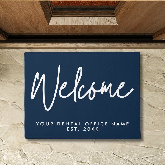 Modern Minimal Welcome Script Dental Office Blue Deurmat