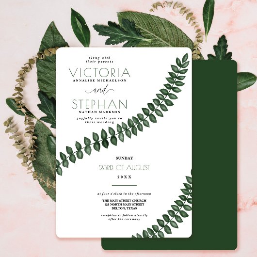 Modern Minimal White Green Leaves Greenery Wedding Kaart