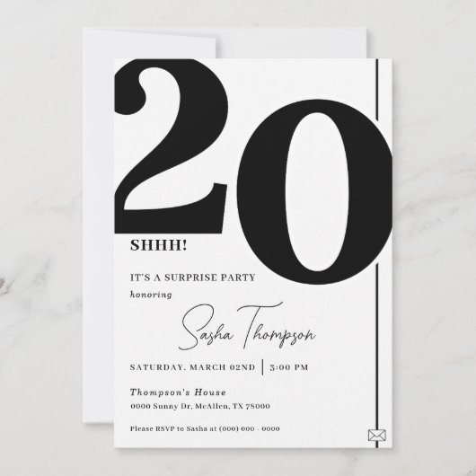 Modern minimalist black 20th birthday invitation (Devant)