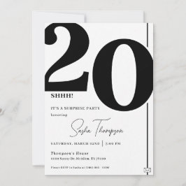 Modern minimalist black 20th birthday invitation kaart