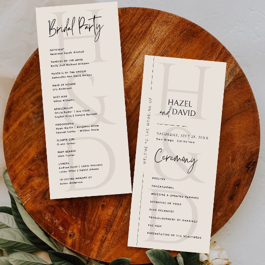 Modern Minimalist Black and Ivory Monogram Wedding Programma