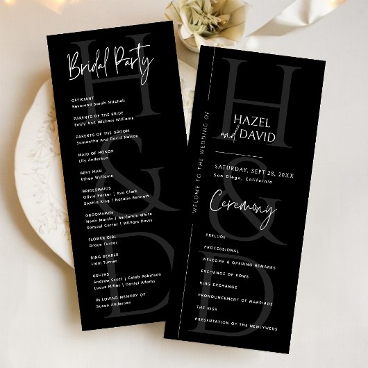 Modern Minimalist Black and White Monogram Wedding Programma