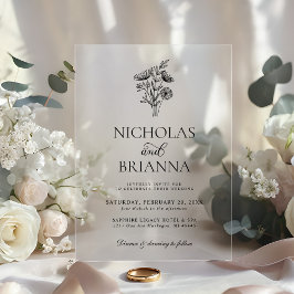 Modern Minimalist Black White Floral Wedding Acryl Uitnodigingen