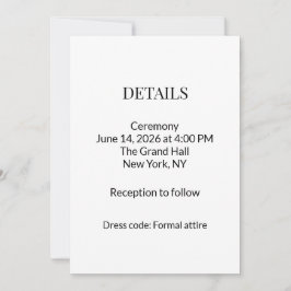 Modern Minimalist Black White Wedding Details Card Kaart