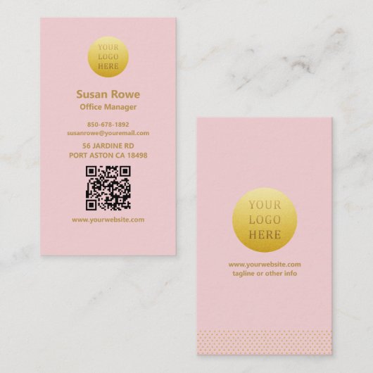Modern Minimalist Blush Pink and Gold QR Code Visitekaartje (Voorkant / Achterkant)