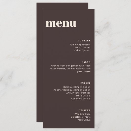 Modern Minimalist Brown Wedding Tall Template Menu (Devant / Derrière)