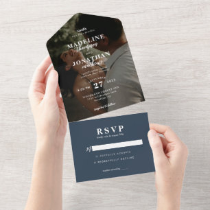 Modern minimalist Classy Photo Wedding Navy Blue All In One Uitnodiging