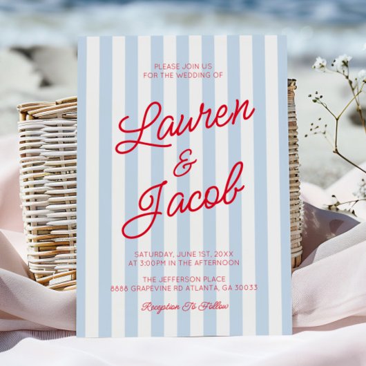 Modern Minimalist Coastal Red Blue Stripes Wedding Kaart