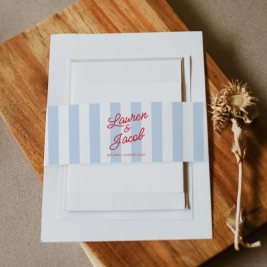 Modern Minimalist Coastal Red Blue Stripes Wedding Uitnodigingen Wikkel