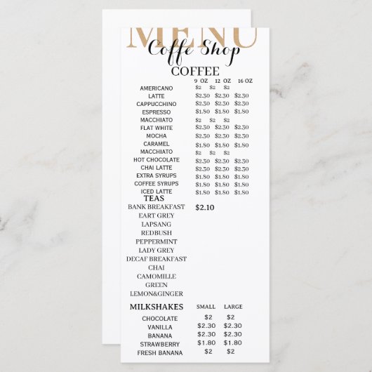 Modern minimalist Coffee Shop Menu Template (Voorkant / Achterkant)