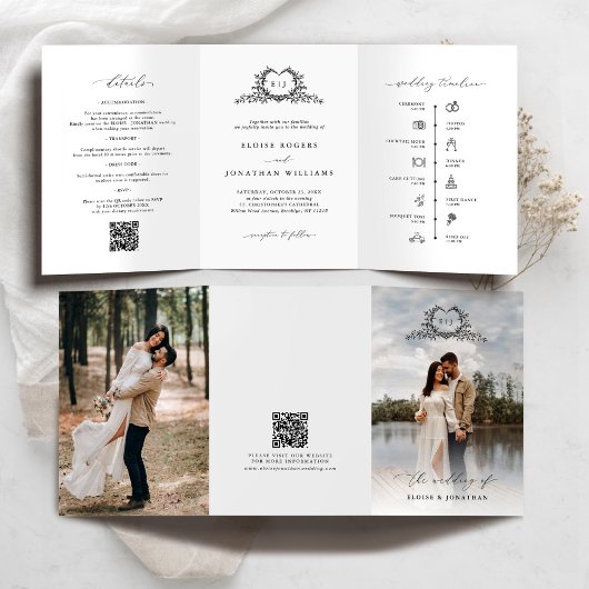 Modern Minimalist Crest monogram Wedding Invite Drieluik Programma