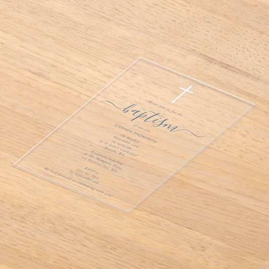 Modern minimalist Dusty Blue Christening Baptisme Acryl Uitnodigingen (Laagn)