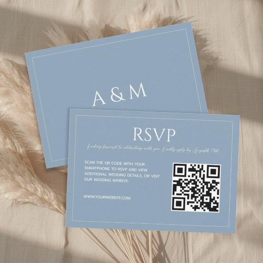Modern minimalist dusty blue QR code wedding RSVP Kaartje
