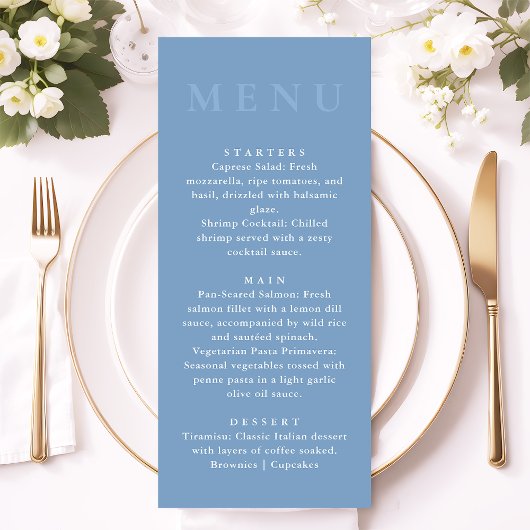 Modern Minimalist Dusty Blue Wedding Dinner Menu