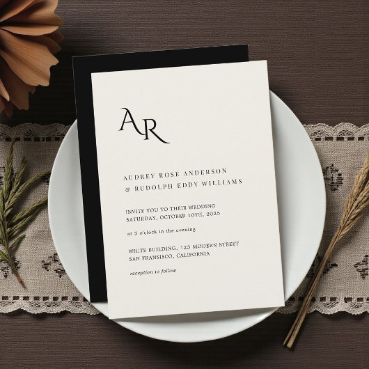 Modern Minimalist Elegant Ivory Black Wedding Kaart