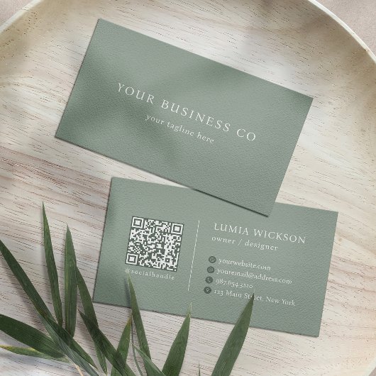 Modern Minimalist Elegant Sage Green QR Code Visitekaartje