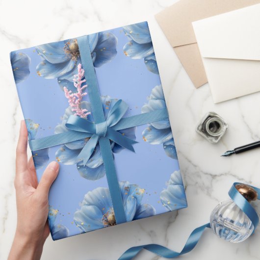 Modern Minimalist Gold and Blue Poppy Cadeaupapier (Geschenken)