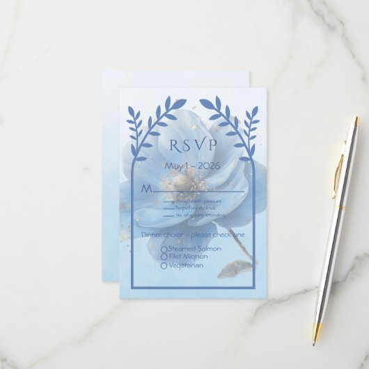 Modern Minimalist Gold and Blue Wedding RSVP Kaartje (Voorkant / Achterkant in situ)