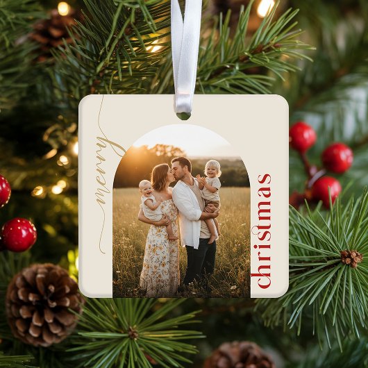 Modern Minimalist Gold and Red Script Christmas Metalen Ornament