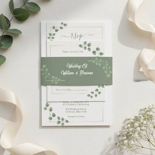 Modern Minimalist Green Leave Wedding Uitnodigingen Wikkel