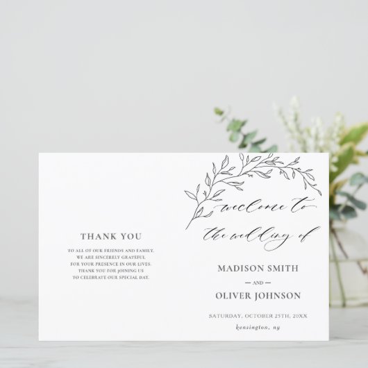 Modern minimalist Laurel Folded Wedding Programme (Staand voorkant)