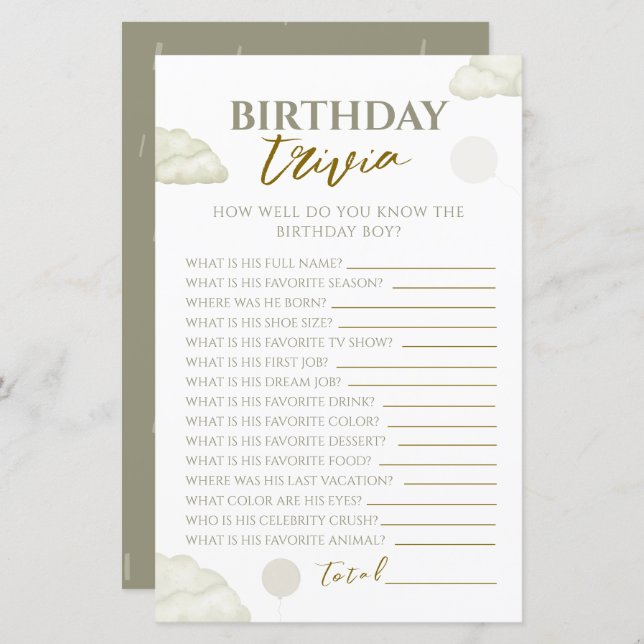 Modern Minimalist Neutral Gold Birthday Boy Trivia (Voorkant / Achterkant)