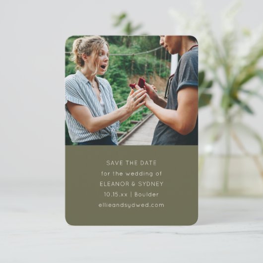 Modern Minimalist Photo Chic Olive Moss Wedding  Save The Date (Staand voorkant)