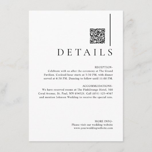 Modern Minimalist QR Code Wedding Details Informatiekaartje (Voorkant)