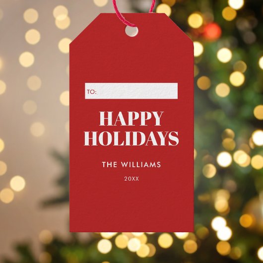 Modern Minimalist Red Happy Holidays Cadeaulabel