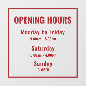 Modern Minimalist Red Opening Hours Sign Raamsticker (Vel)