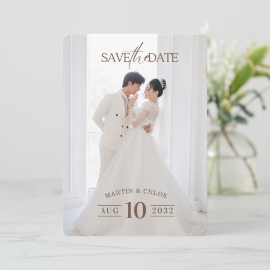 Modern Minimalist Romantic Script Photo Wedding Kaart (Staand voorkant)