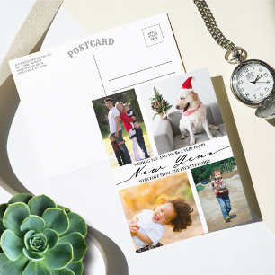 Modern Minimalist Script 4 Photo Collage New Year Feestdagenkaart