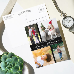 Modern Minimalist Script 4 Photo Collage New Year Feestdagenkaart