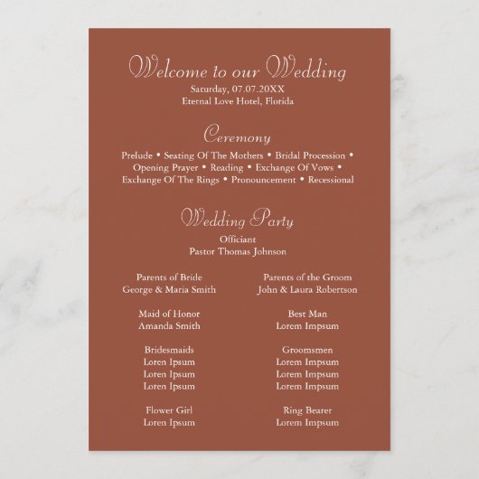 Modern minimalist Terracotta Wedding Programme Programma (Achterkant)