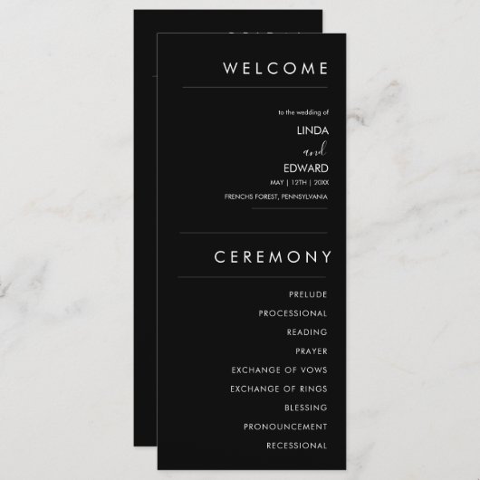 Modern Minimalist Traditional  Black Wedding Programma (Voorkant / Achterkant)